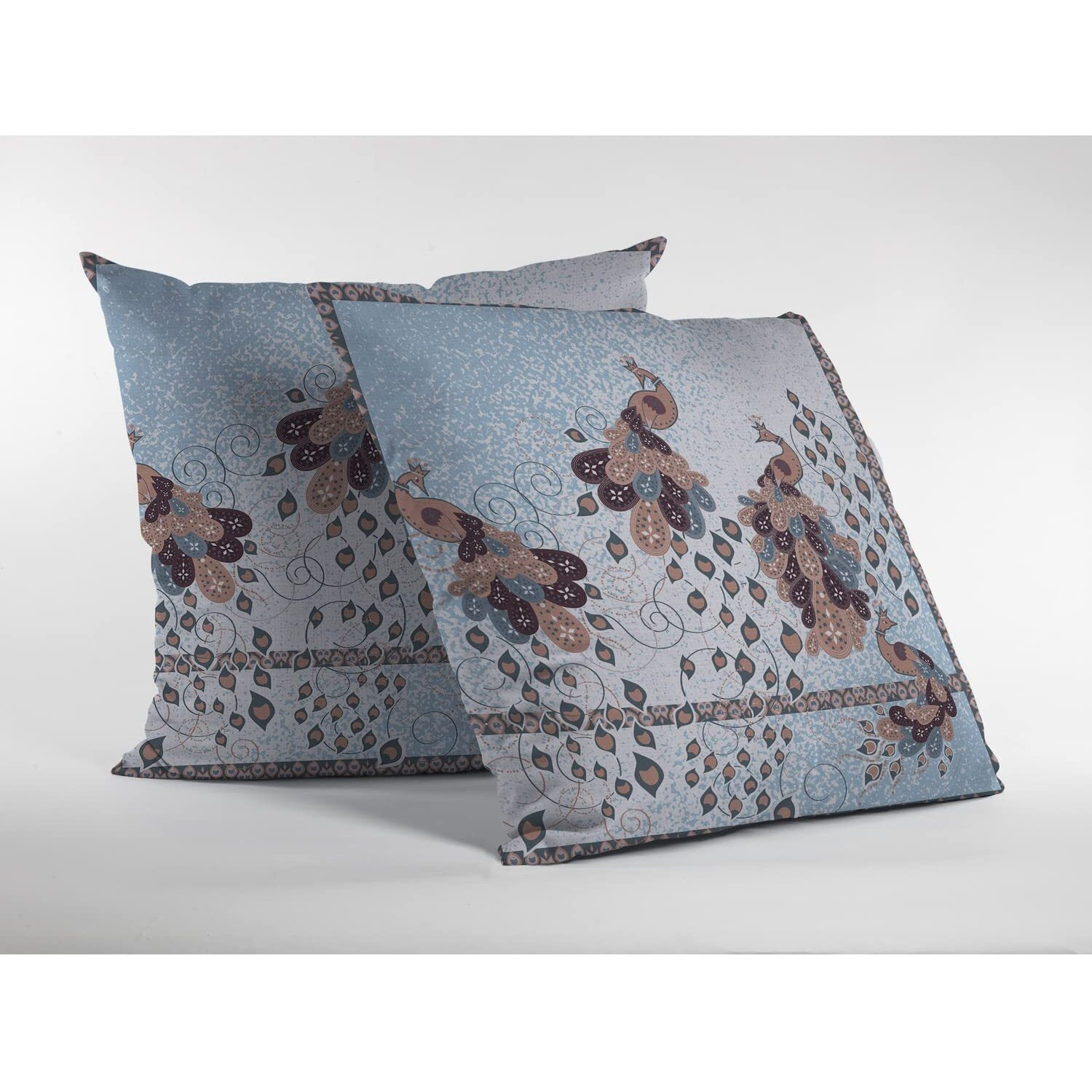 Amrita Sen Painted Peacock Suede Blown and Closed Pillow Brown on Blue
