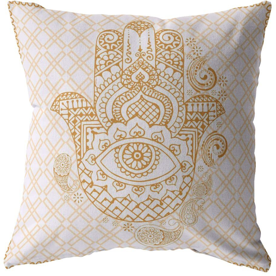 Amrita Sen Hamsa Hand Broadcloth Indoor Outdoor Blown and Closed Pillow Gold