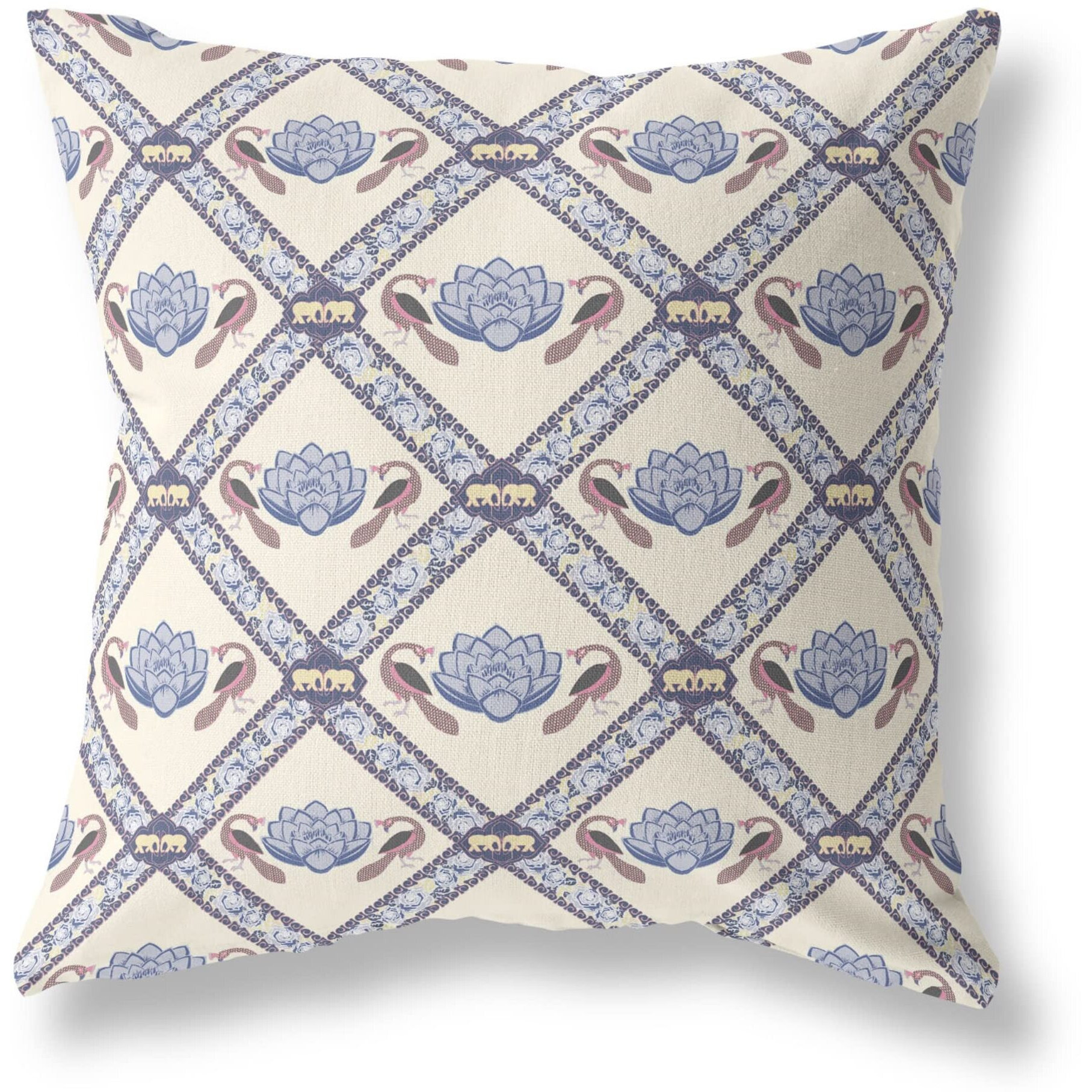 Amrita Sen Lotus Peacock Rose Broadcloth Indoor Outdoor Blown and Closed Pillow Cream Gray Brown