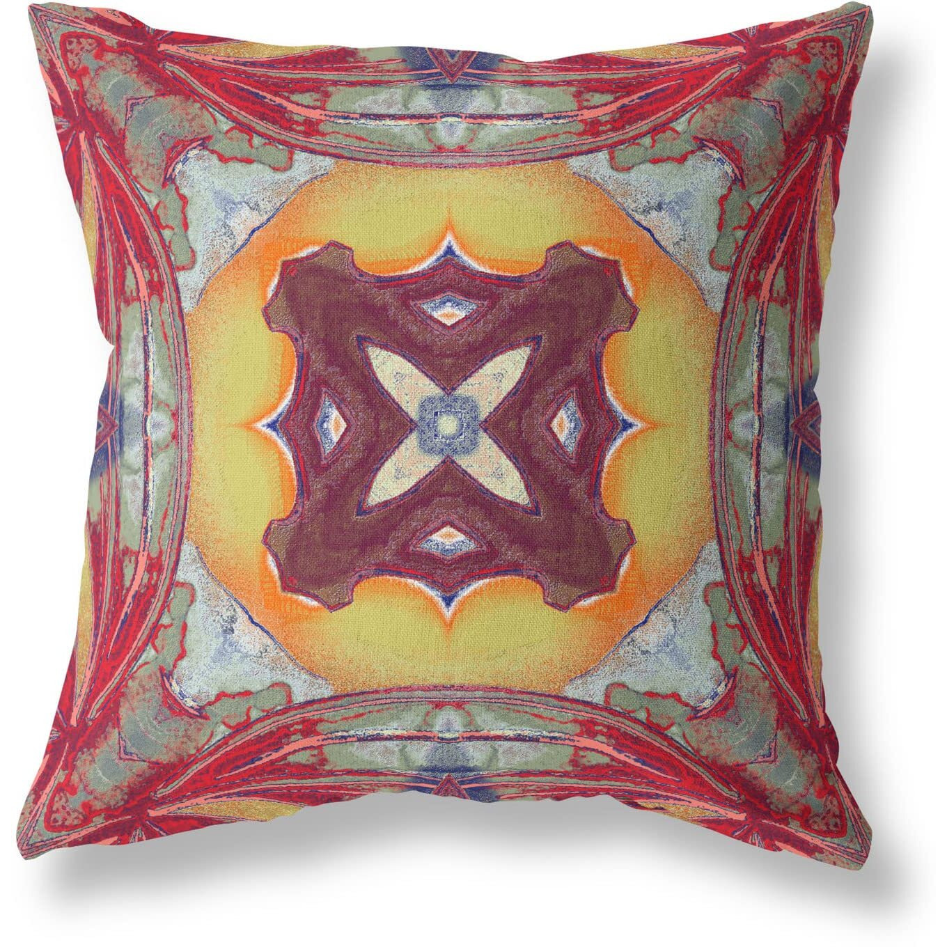 Amrita Sen Pastel Floral Squares Suede Blown and Closed Pillow Yellow Red Magenta Green