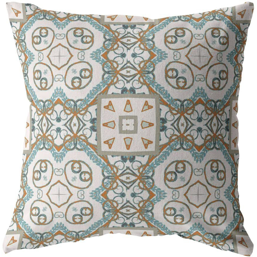 Amrita Sen Geo Mandala Broadcloth Indoor Outdoor Blown and Closed Pillow Orange and Light Blue on White