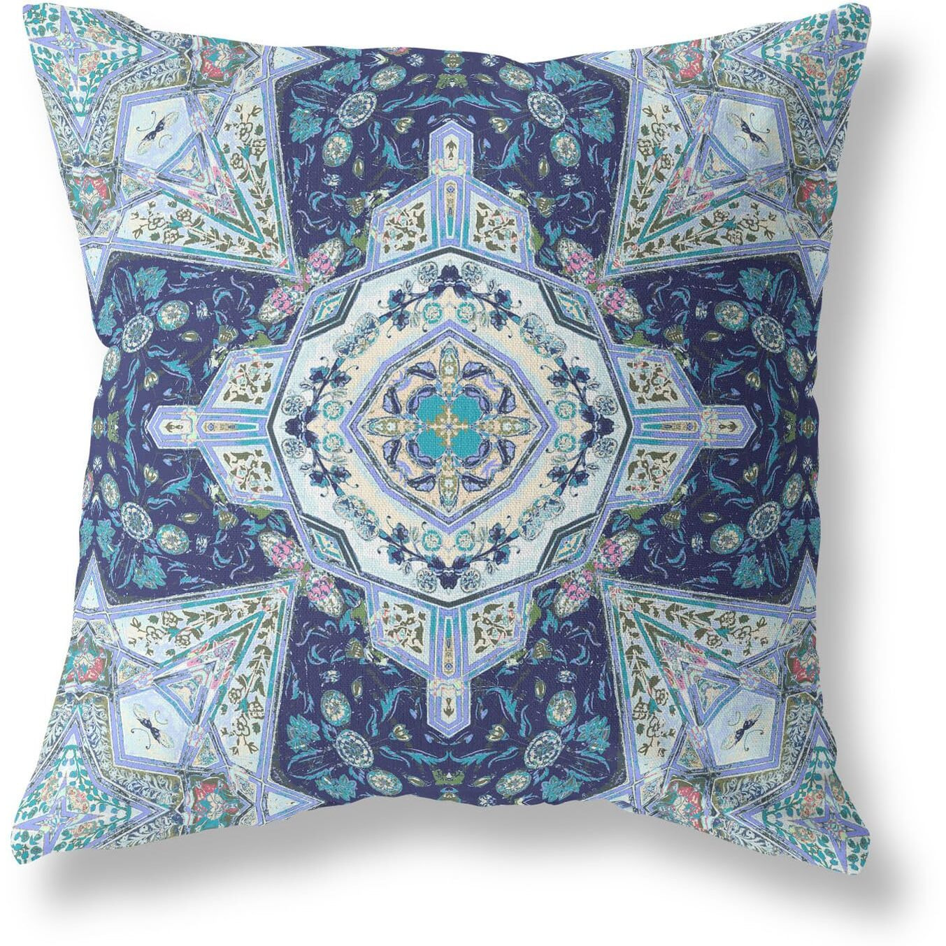 Amrita Sen Buddha Flower Ceremony Broadcloth Indoor Outdoor Blown and Closed Pillow Indigo Light Blue