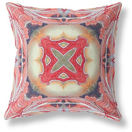 Amrita Sen Pastel Floral Squares Suede Zippered Pillow with Insert Pink Peach Red