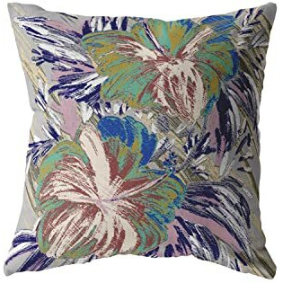 Amrita Sen Hawaiian Flowers Broadcloth Indoor Outdoor Blown and Closed Pillow Green on Muted Purple