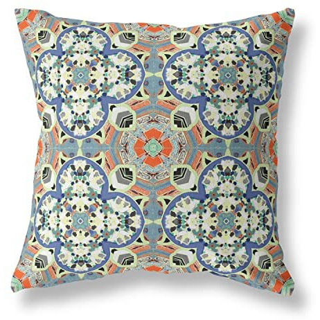 Amrita Sen Clover Leaf Floral Suede Zippered Pillow with Insert Blue Cream Orange