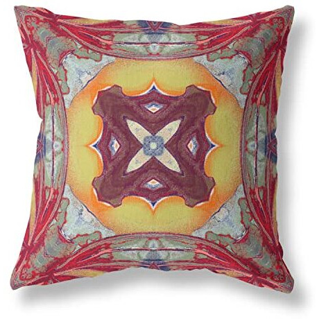 Amrita Sen Pastel Floral Squares Broadcloth Indoor Outdoor Blown and Closed Pillow Yellow Red Magenta Green