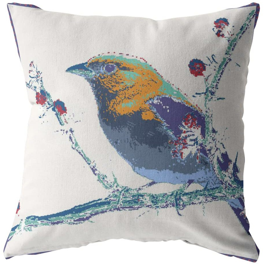 Amrita Sen Perched Robin Broadcloth Indoor Outdoor Blown and Closed Pillow Purple on White