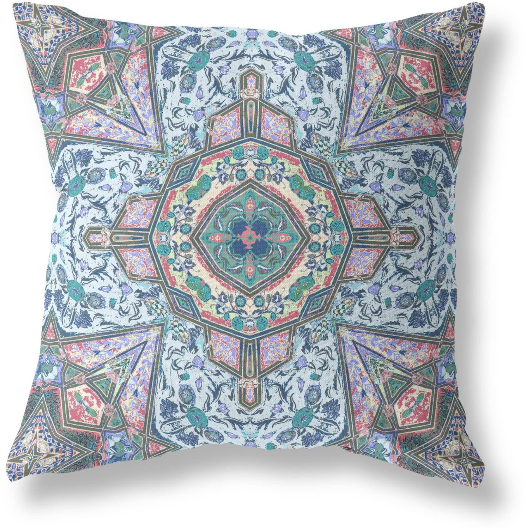 Amrita Sen Buddha Flower Ceremony Suede Zippered Pillow with Insert Blue Muted Pink