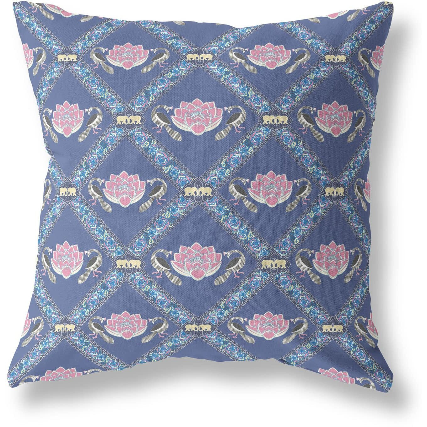 Amrita Sen Lotus Peacock Rose Suede Blown and Closed Pillow Purple Blue Pink