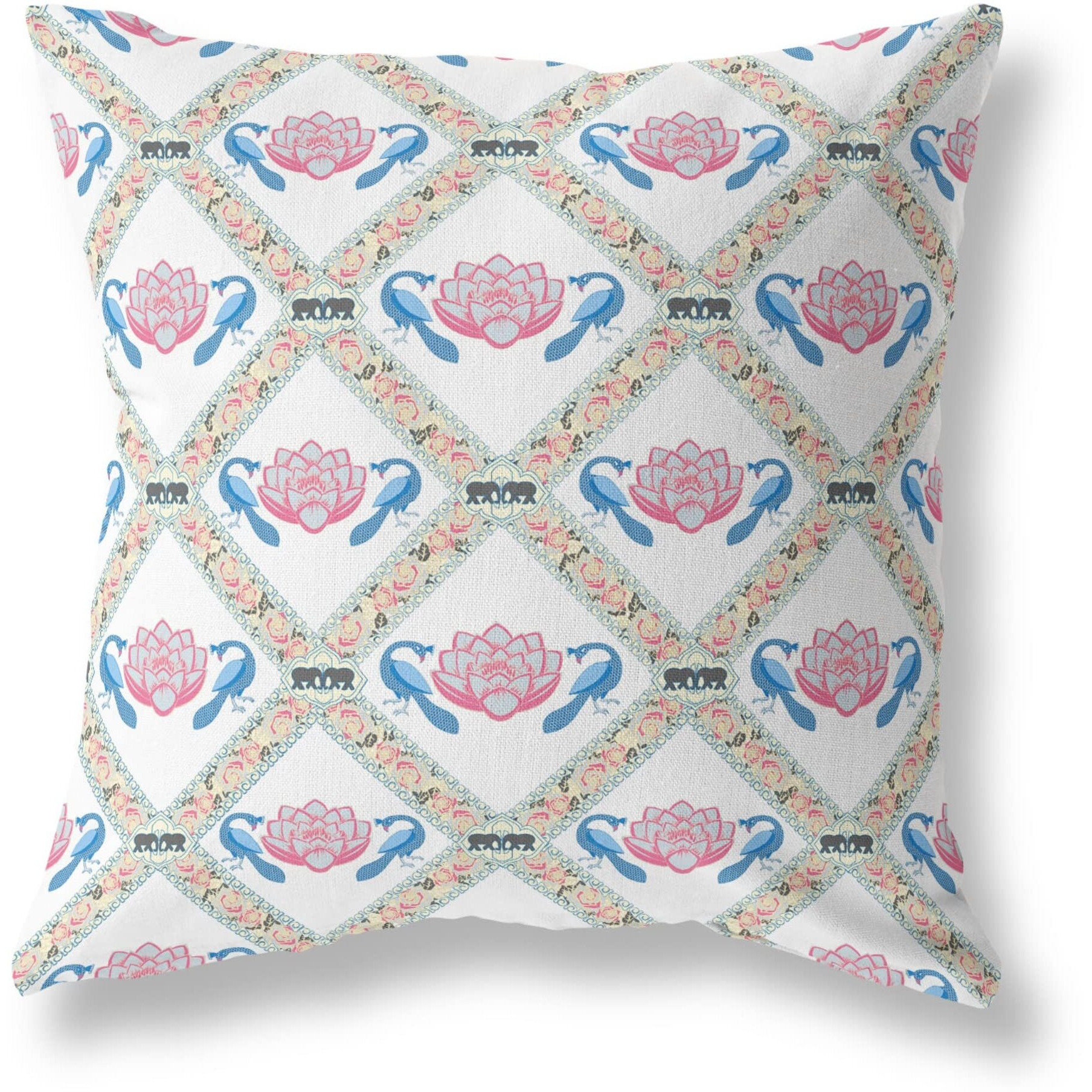 Amrita Sen Lotus Peacock Rose Suede Zippered Pillow with Insert White Blue Gray