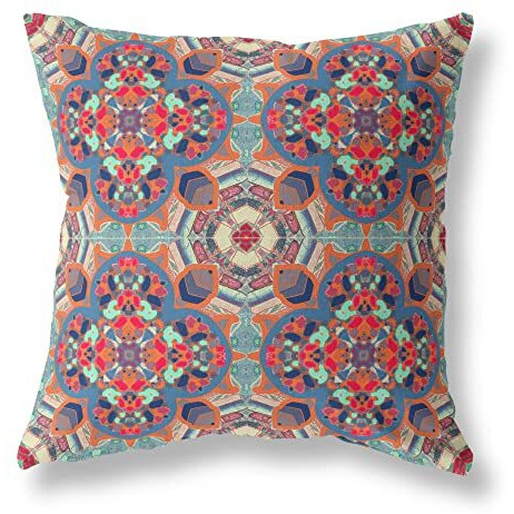 Amrita Sen Clover Leaf Floral Suede Blown and Closed Pillow Orange Blue Aqua