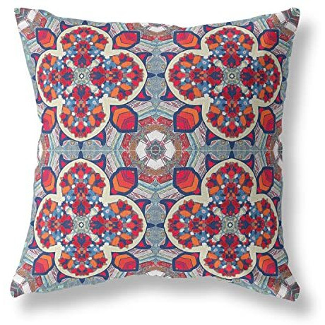 Amrita Sen Clover Leaf Floral Suede Zippered Pillow with Insert Red Orange Blue