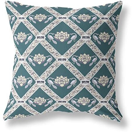 Amrita Sen Lotus Peacock Rose Suede Zippered Pillow with Insert Dark Green Yellow Gray
