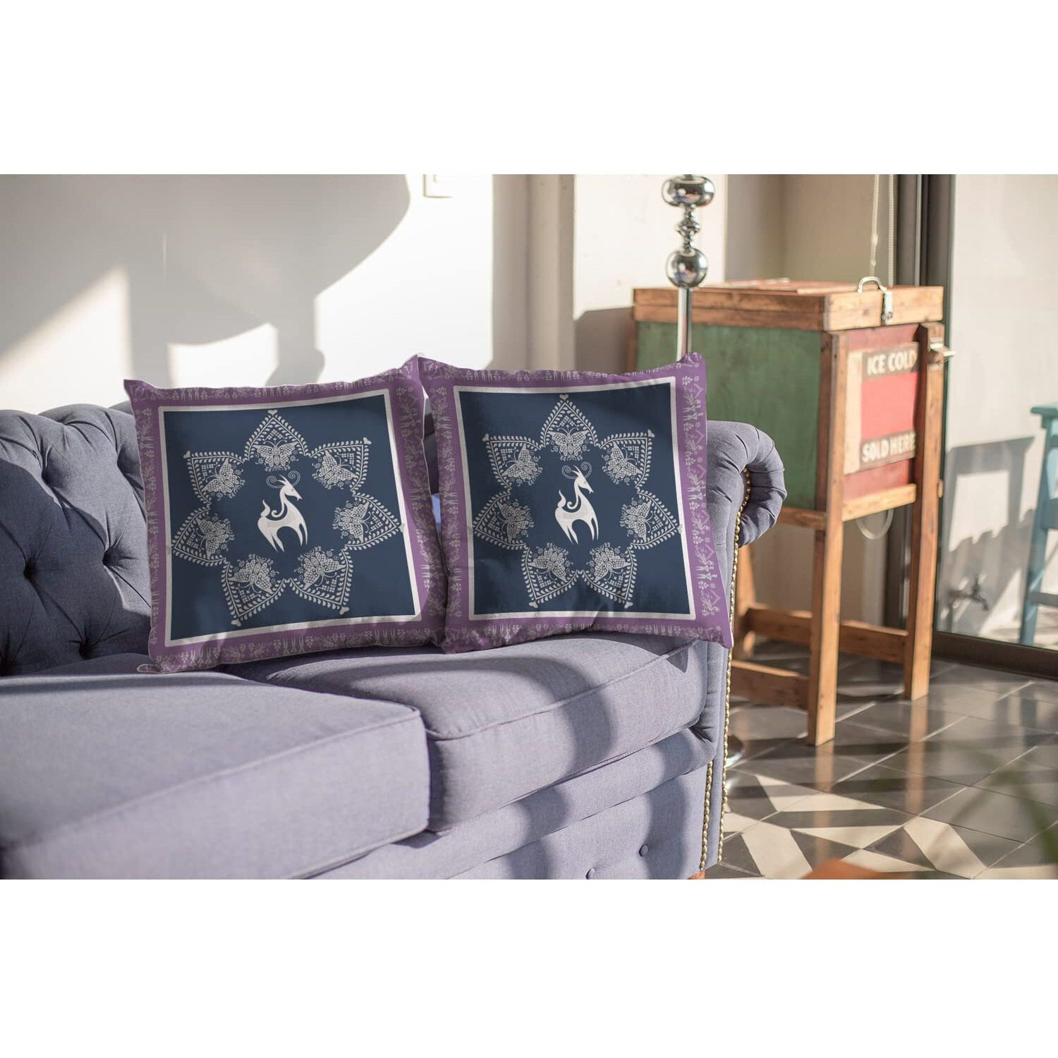 Amrita Sen Horse and Butterflies Broadcloth Indoor Outdoor Zippered Pillow Blue on White