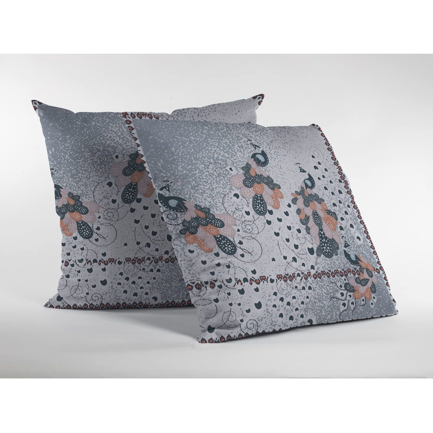 Amrita Sen Painted Peacock Suede Blown and Closed Pillow Gray on White