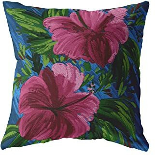 Amrita Sen Hawaiian Flowers Broadcloth Indoor Outdoor Zippered Pillow Hot Pink on Blue