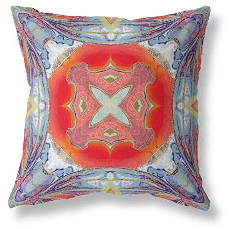 Amrita Sen Pastel Floral Squares Broadcloth Indoor Outdoor Zippered Pillow Muted Blue Hot Orange