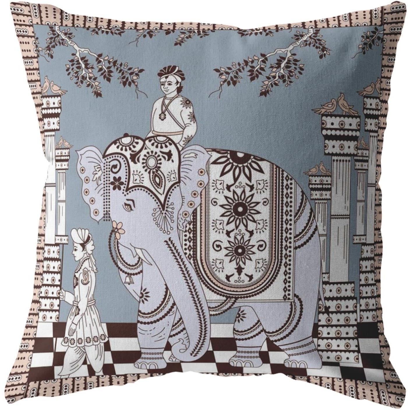 Amrita Sen Palace Elephant Suede Blown and Closed Pillow Light Blue on Muted Brown