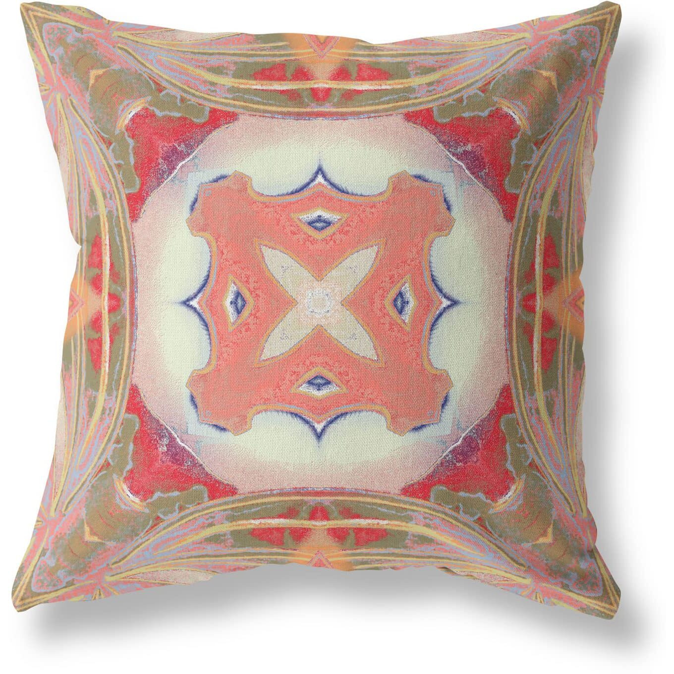 Amrita Sen Pastel Floral Squares Suede Blown and Closed Pillow Muted Green Pink Peach Red