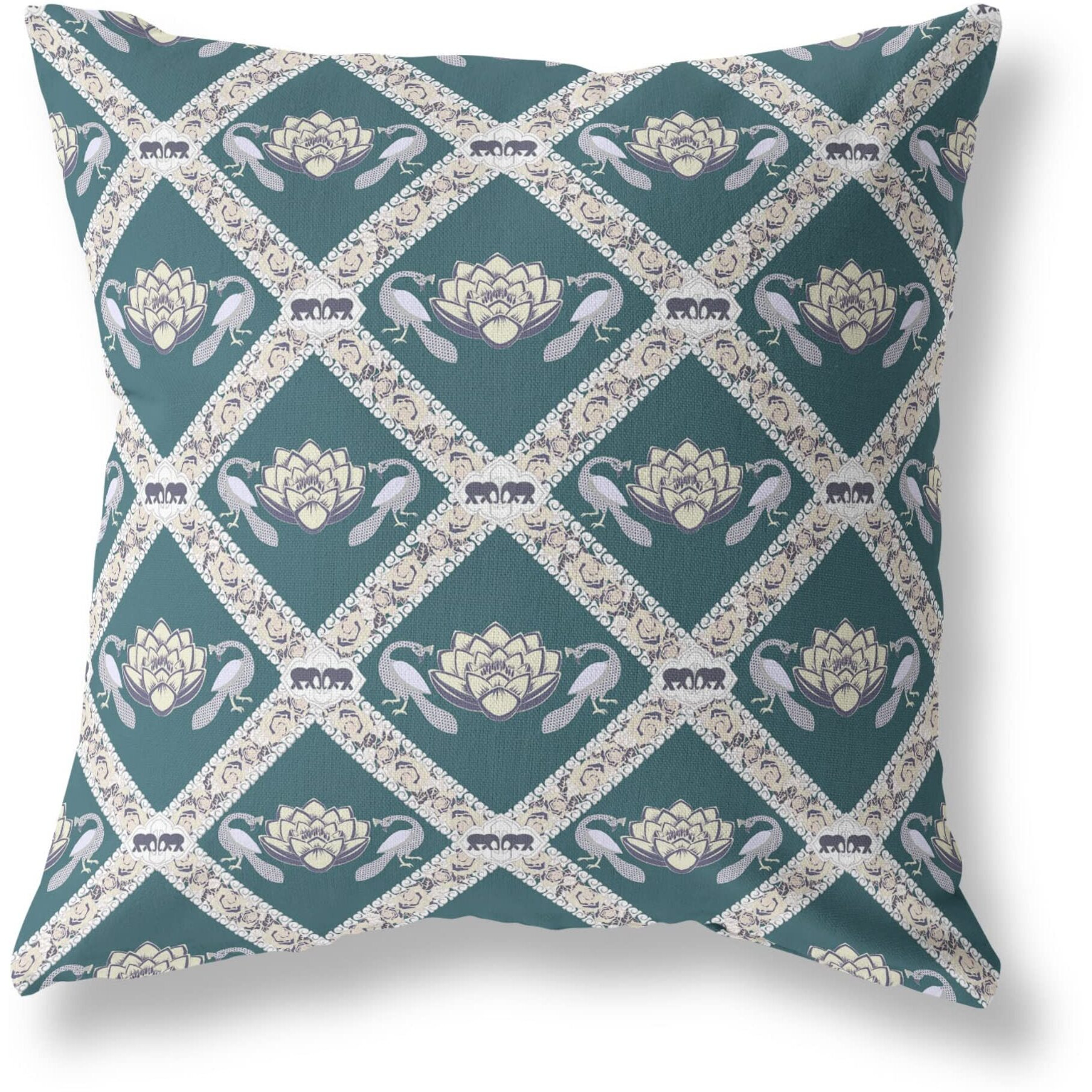 Amrita Sen Lotus Peacock Rose Broadcloth Indoor Outdoor Zippered Pillow Dark Green Yellow Gray