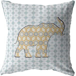 Amrita Sen Elephant Silhouette Broadcloth Indoor Outdoor Blown and Closed Pillow Yellow on Light Blue