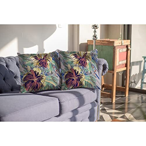 Amrita Sen Hawaiian Flowers Broadcloth Indoor Outdoor Blown and Closed Pillow Orange and Yellow