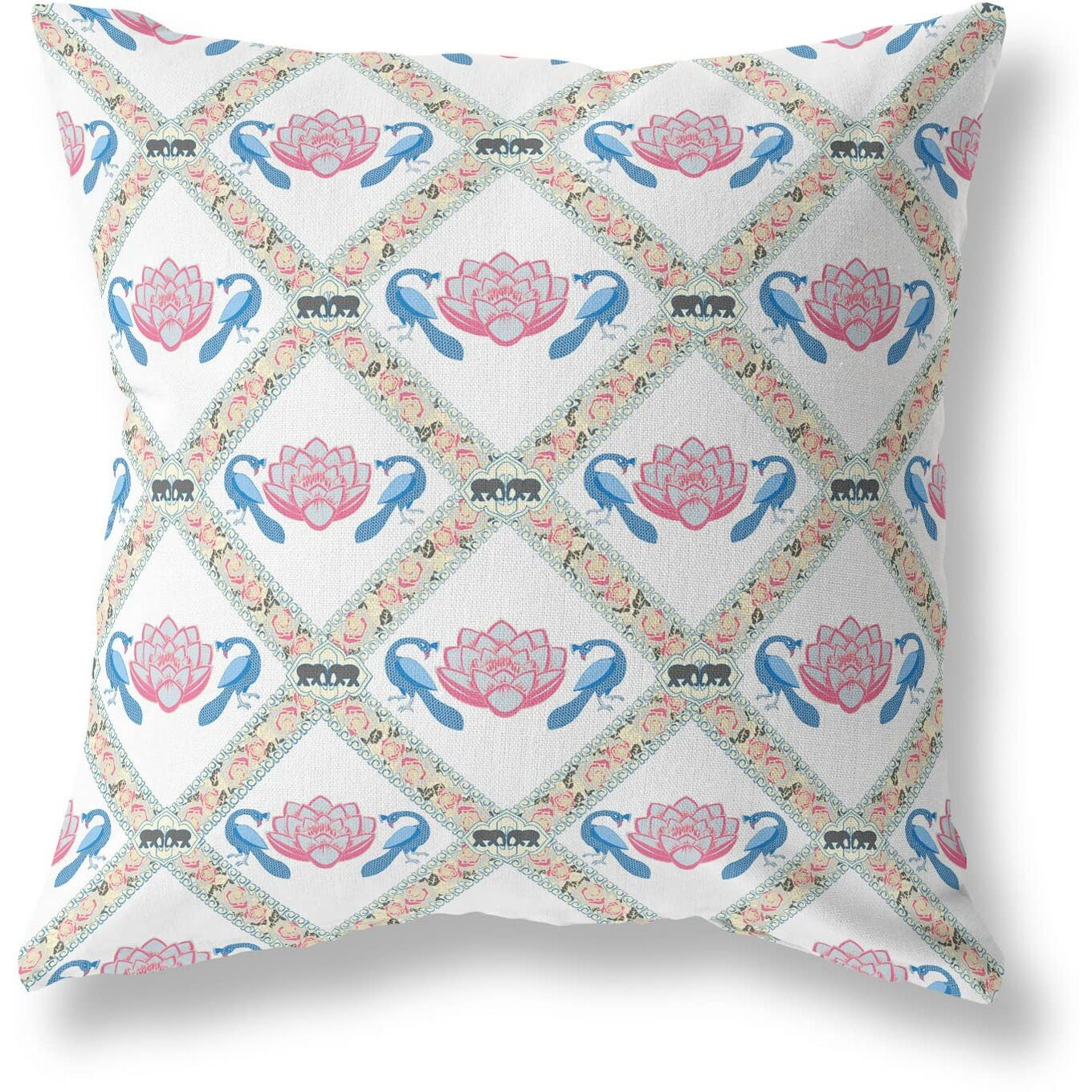 Amrita Sen Lotus Peacock Rose Broadcloth Indoor Outdoor Blown and Closed Pillow White Blue Gray