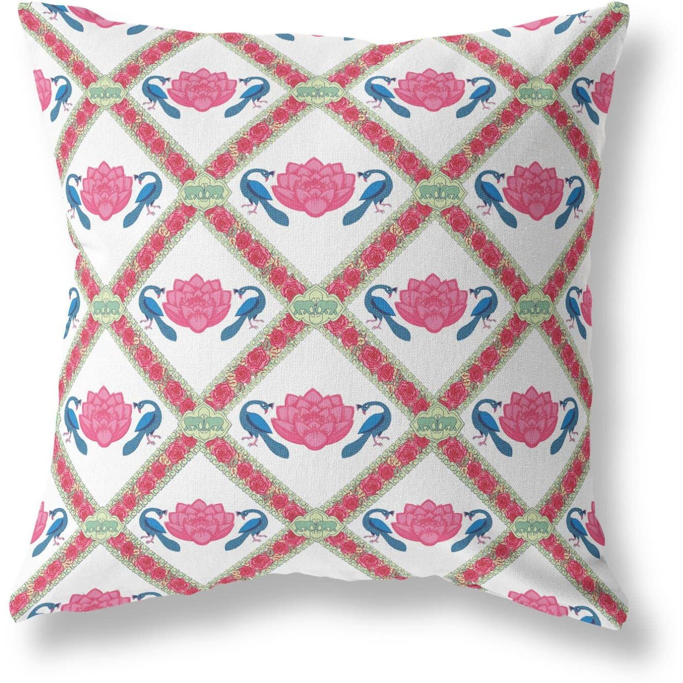 Amrita Sen Lotus Peacock Rose Suede Zippered Pillow with Insert Pink Blue White
