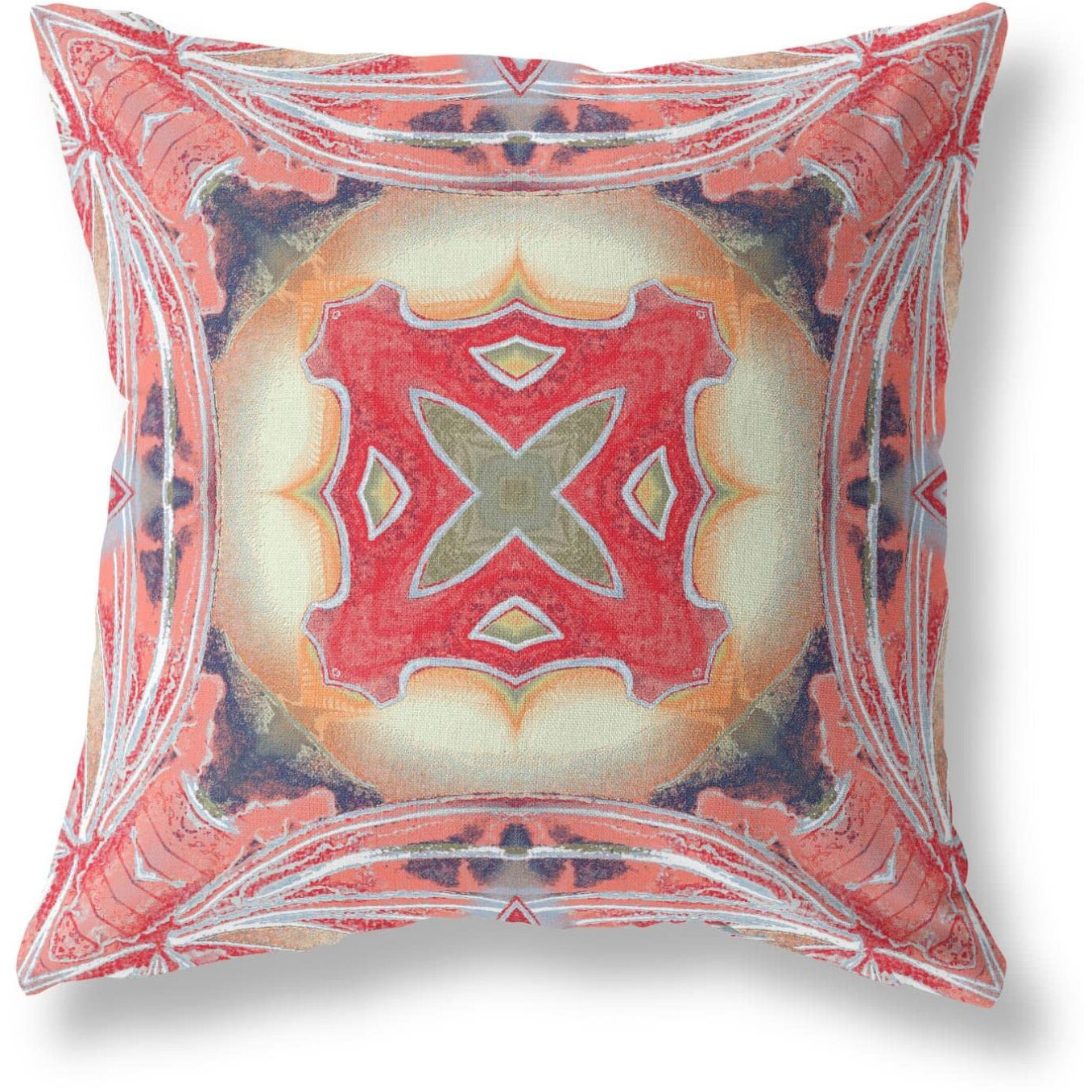 Amrita Sen Pastel Floral Squares Broadcloth Indoor Outdoor Blown and Closed Pillow Pink Peach Red