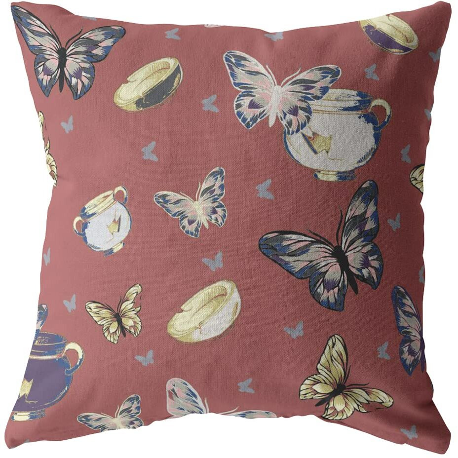 Amrita Sen Butterflies and Bowls Broadcloth Indoor Outdoor Blown and Closed Pillow Muted Orange