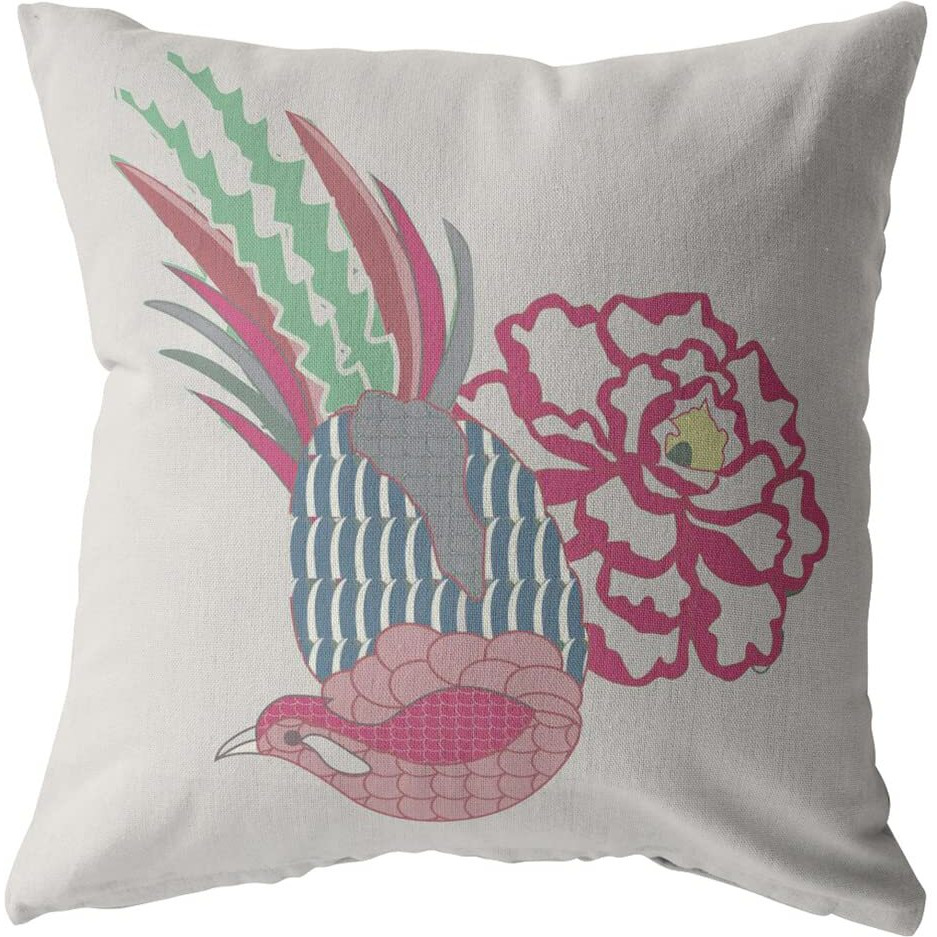 Amrita Sen Hiding Peacock Broadcloth Indoor Outdoor Blown and Closed Pillow Pink on White