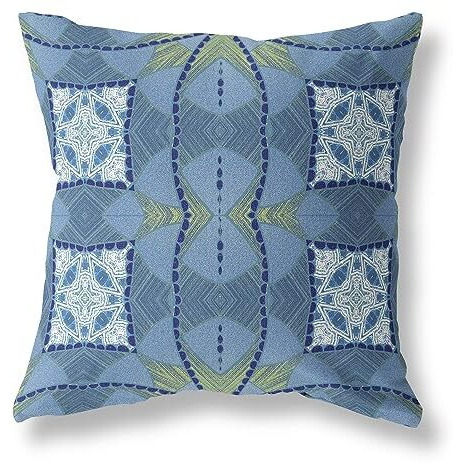 Amrita Sen Cosmic Circle Sprays Broadcloth Indoor Outdoor Blown and Closed Pillow Muted Blue Yellow