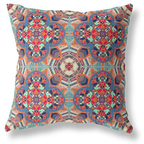Amrita Sen Clover Leaf Floral Suede Blown and Closed Pillow Orange Blue Aqua
