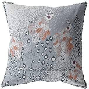 Amrita Sen Painted Peacock Broadcloth Indoor Outdoor Zippered Pillow Gray on Muted Blue