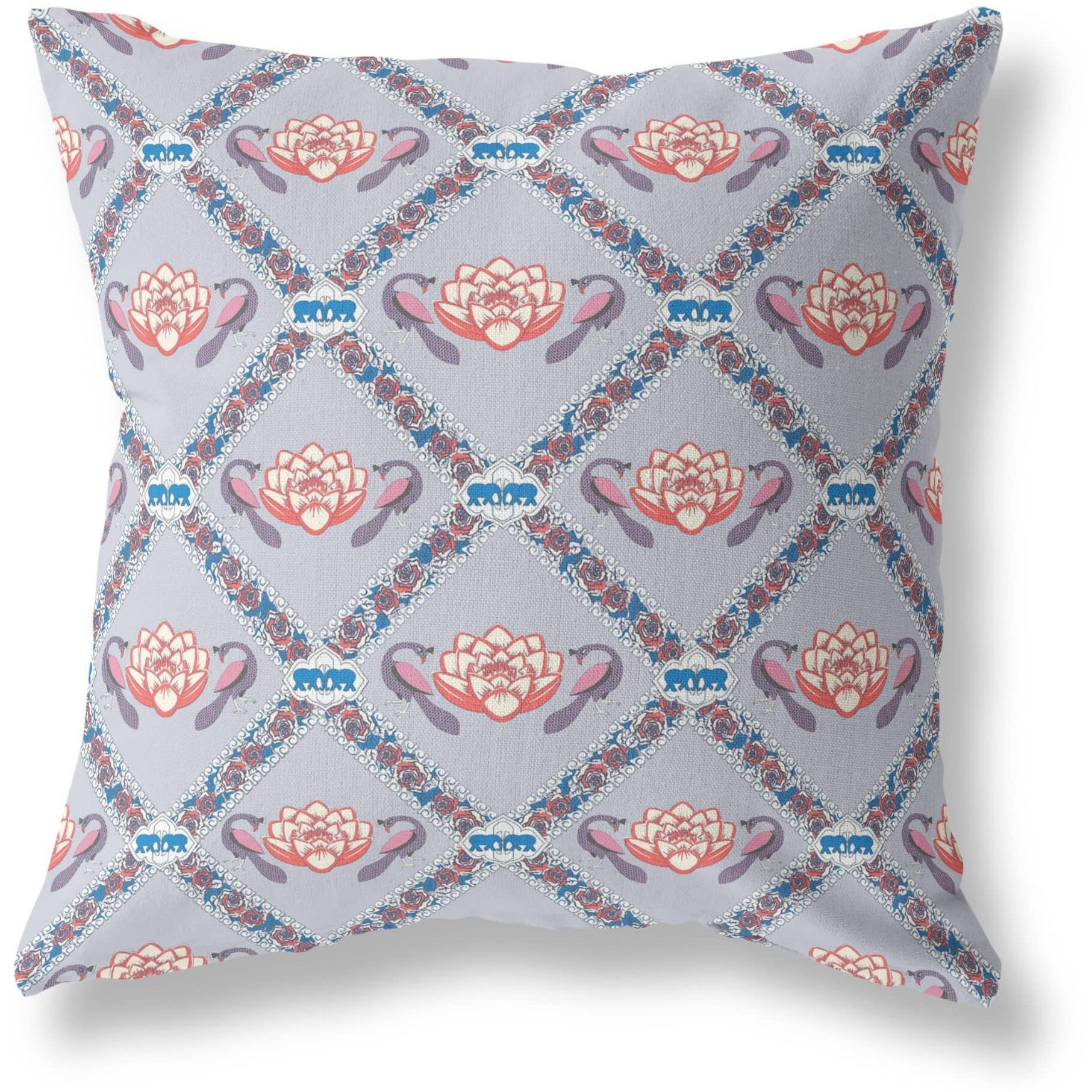 Amrita Sen Lotus Peacock Rose Suede Zippered Pillow with Insert Gray Red Blue