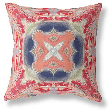 Amrita Sen Pastel Floral Squares Suede Zippered Pillow with Insert Red Indigo Green Cream