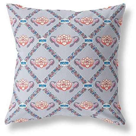Amrita Sen Lotus Peacock Rose Suede Blown and Closed Pillow Gray Red Blue