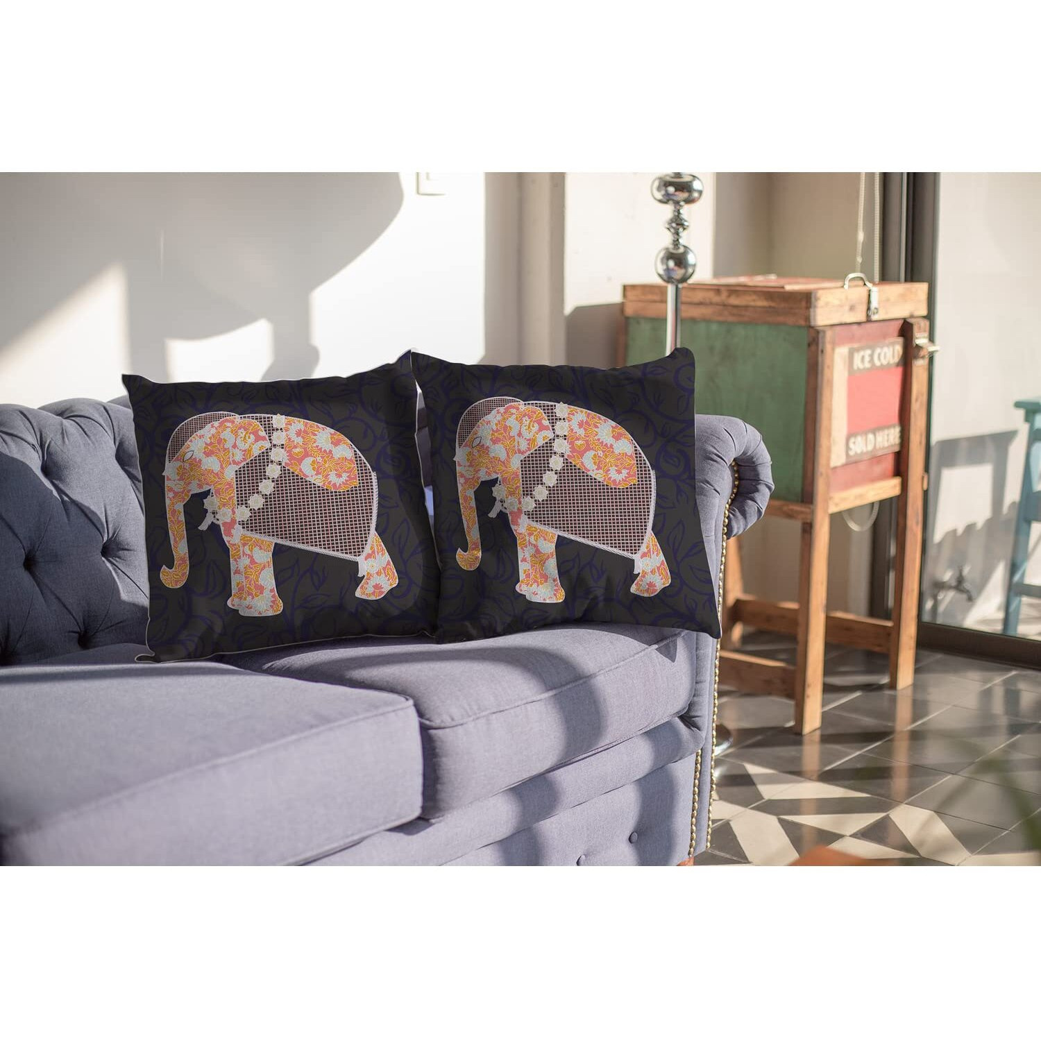 Amrita Sen Flower Elephant Broadcloth Indoor Outdoor Blown and Closed Pillow Orange on Green