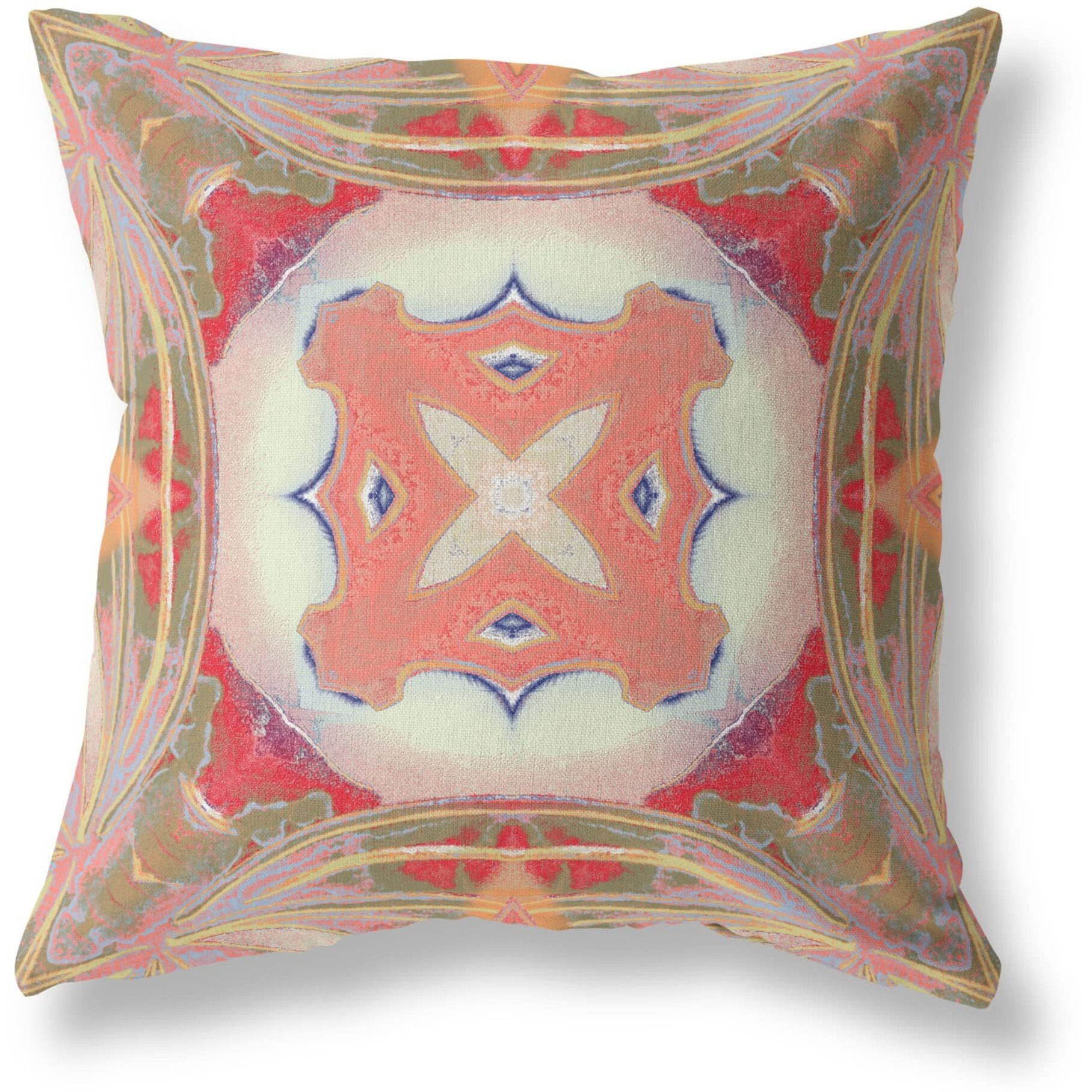 Amrita Sen Pastel Floral Squares Broadcloth Indoor Outdoor Zippered Pillow Muted Green Pink Peach Red