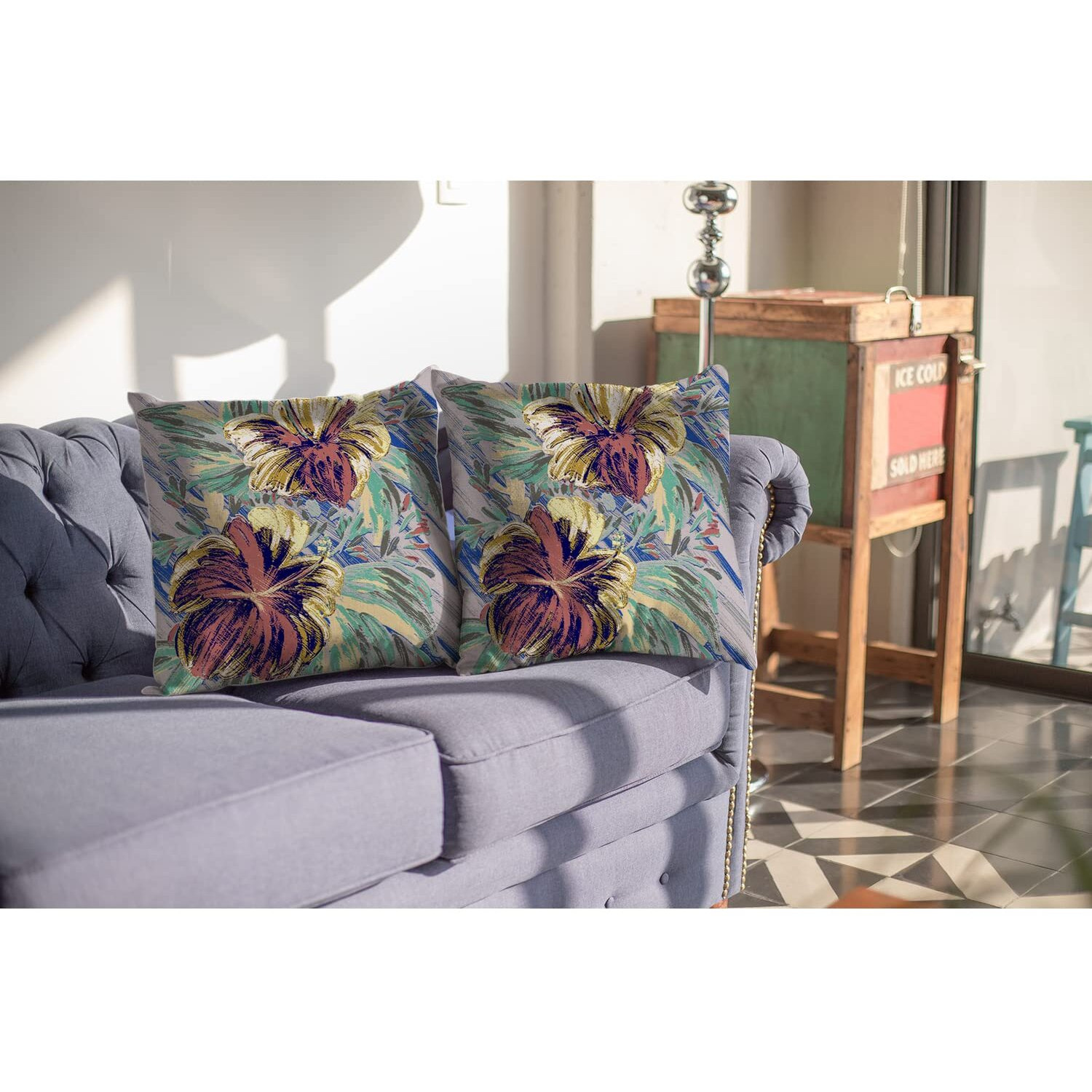 Amrita Sen Hawaiian Flowers Broadcloth Indoor Outdoor Blown and Closed Pillow Orange and Yellow