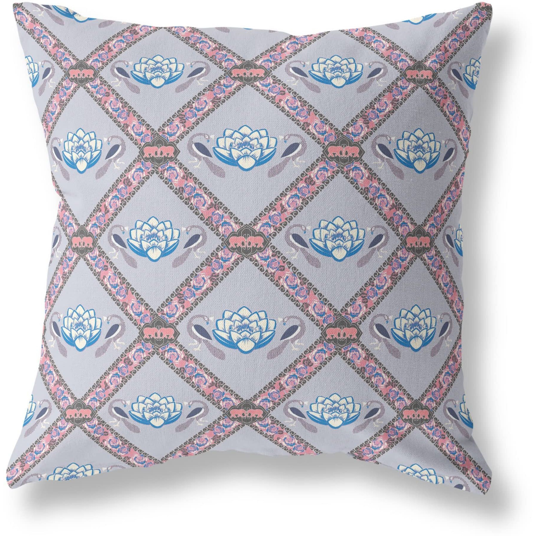 Amrita Sen Lotus Peacock Rose Suede Zippered Pillow with Insert Gray Blue Pink