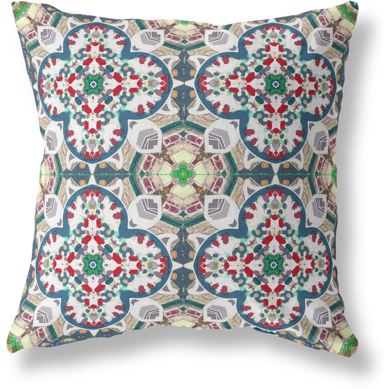 Amrita Sen Clover Leaf Floral Suede Blown and Closed Pillow Green Red White