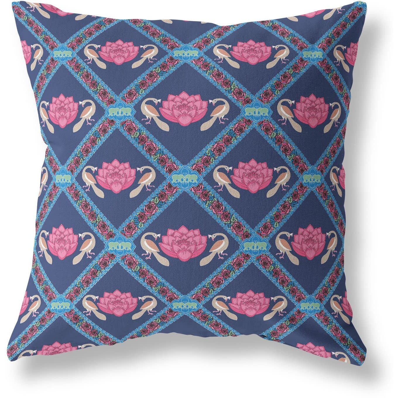 Amrita Sen Lotus Peacock Rose Broadcloth Indoor Outdoor Blown and Closed Pillow Indigo Pink