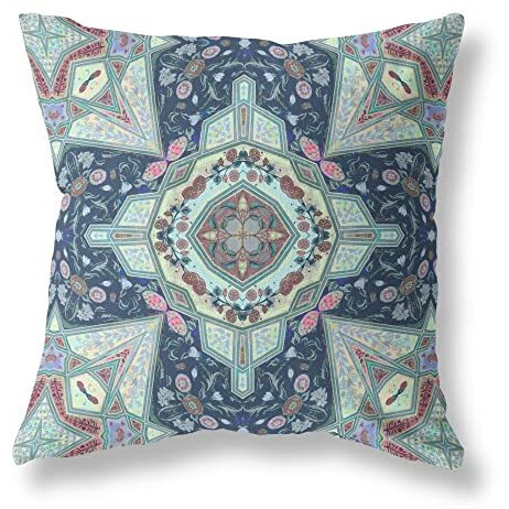 Amrita Sen Buddha Flower Ceremony Suede Zippered Pillow with Insert Indigo Aqua