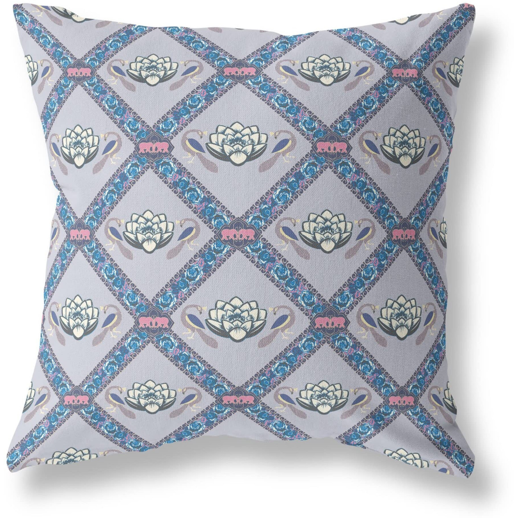 Amrita Sen Lotus Peacock Rose Suede Zippered Pillow with Insert Gray Sea Blue Pink