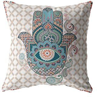 Amrita Sen Hamsa Suede Blown and Closed Pillow Muted Blue on Orange