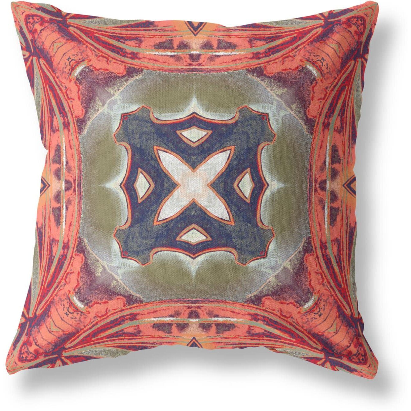 Amrita Sen Pastel Floral Squares Suede Zippered Pillow with Insert Hot Peach Green