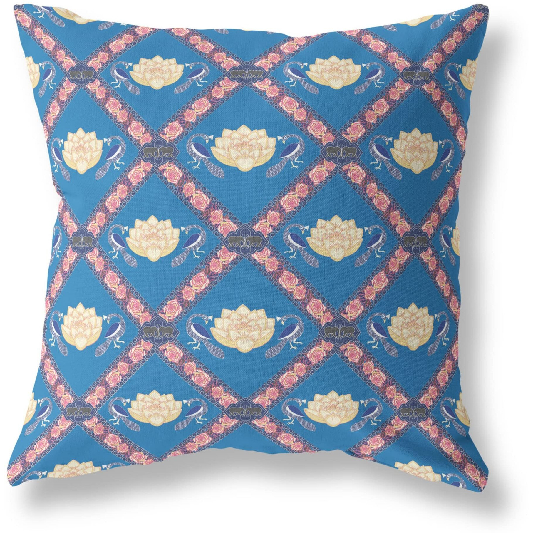 Amrita Sen Designs Lotus Peacock Rose Indoor/Outdoor Fabric Pillow with Zip -Blue Yellow Pink 18x18
