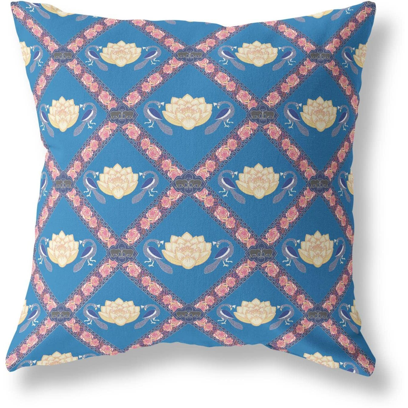 Amrita Sen Lotus Peacock Rose Suede Zippered Pillow with Insert Blue Yellow Pink