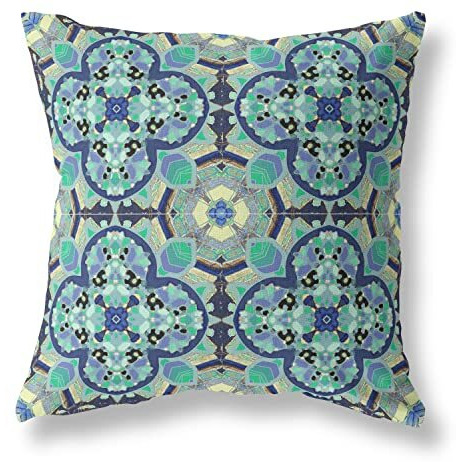Amrita Sen Clover Leaf Floral Suede Zippered Pillow with Insert Aqua Indigo